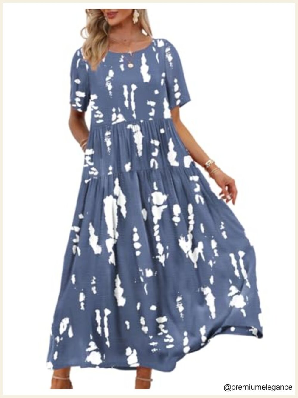 Cotton Blend Bohemian Floral Maxi Dress with Pockets Short Sleeve Summer Swing